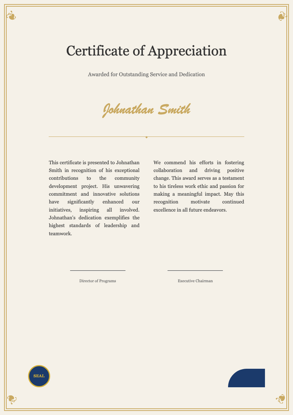 Elegant certificate of appreciation with gold frame and blue wave design_variant_1